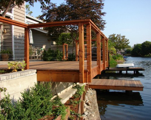 Redwood Boat Dock and Feeney Wire Deck Railing on Lagoon