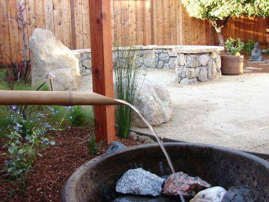 Bamboo Water Feature with Stone Garden Bench 